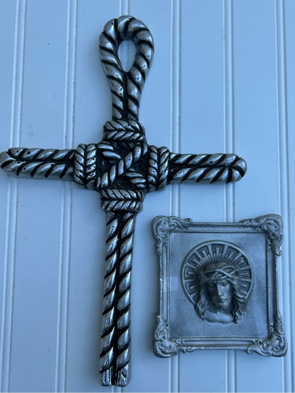 Vintage Religious Cross Silver Metal Rope Jesus Plaque Gallery Wall Lot of Two